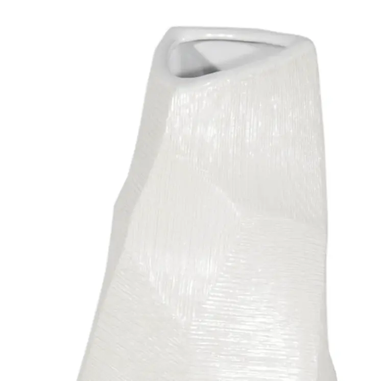 47" White Faceted Geometric Tapered Ceramic Floor Vase