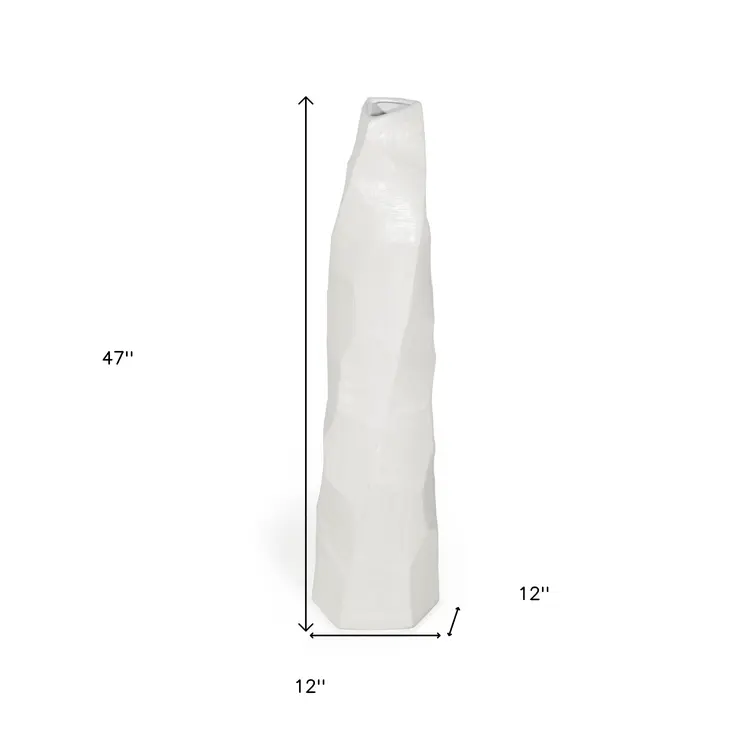 47" White Faceted Geometric Tapered Ceramic Floor Vase