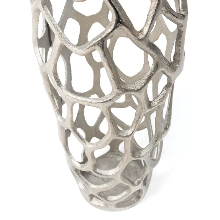 30" Silver Abstract Pierced Cast Aluminum Oval Floor Vase