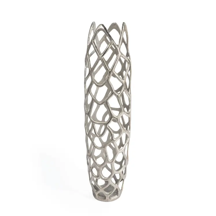 30" Silver Abstract Pierced Cast Aluminum Oval Floor Vase