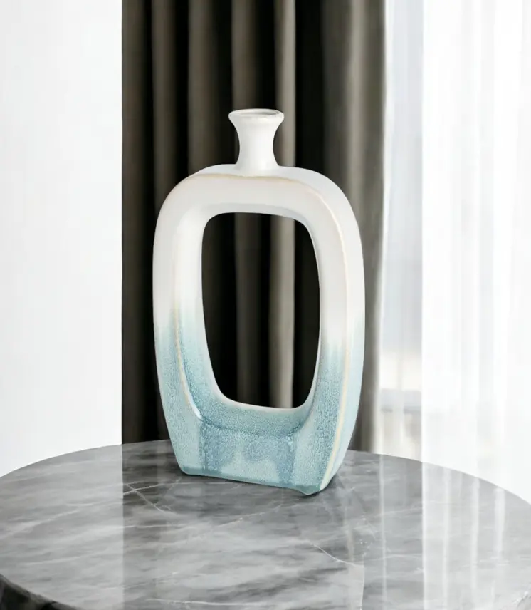 14" Aqua And White Ombre Ceramic Table Vase