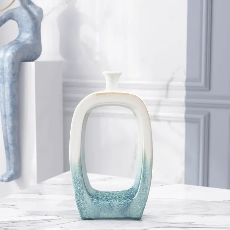 14" Aqua And White Ombre Ceramic Table Vase