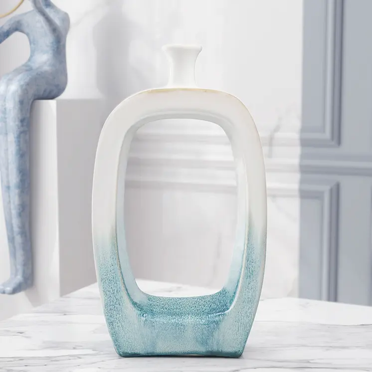 18" Aqua And White Ombre Ceramic Table Vase