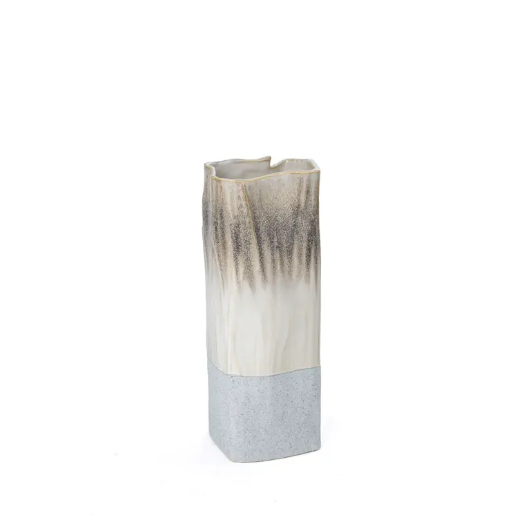 12" Brown Light Blue And Off White Color Block Square Ceramic Table Vase