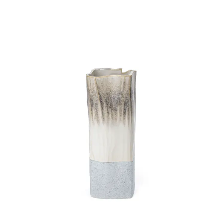 12" Brown Light Blue And Off White Color Block Square Ceramic Table Vase