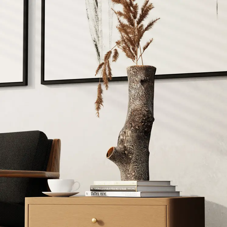 14" Brown Faux Bois Cylinder Polyresin Table Vase