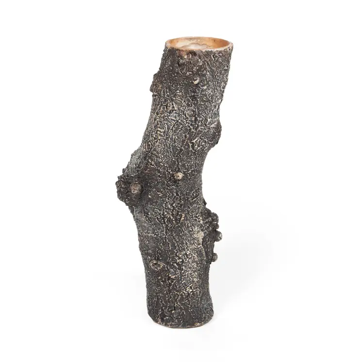 14" Brown Faux Bois Cylinder Polyresin Table Vase