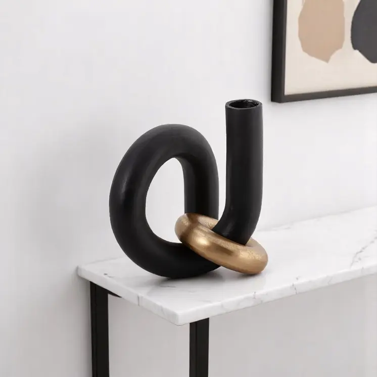 9" Black And Gold Aluminum Modern Abstract Tabletop Sculpture