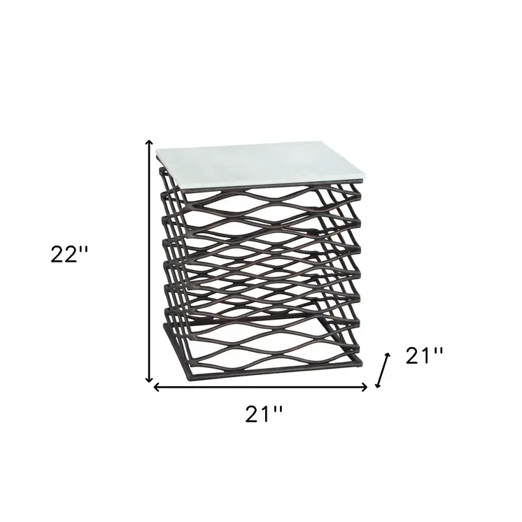 22" White And Bronze Marble And Aluminum Square Frame End Table