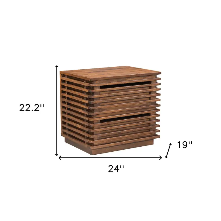 22" Brown Wood Block End Table With Two Drawers