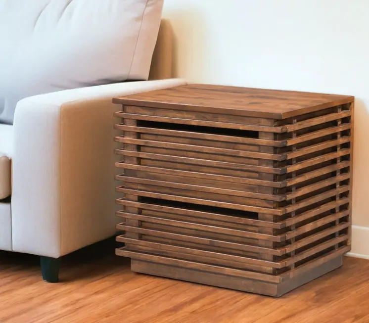 22" Brown Wood Block End Table With Two Drawers