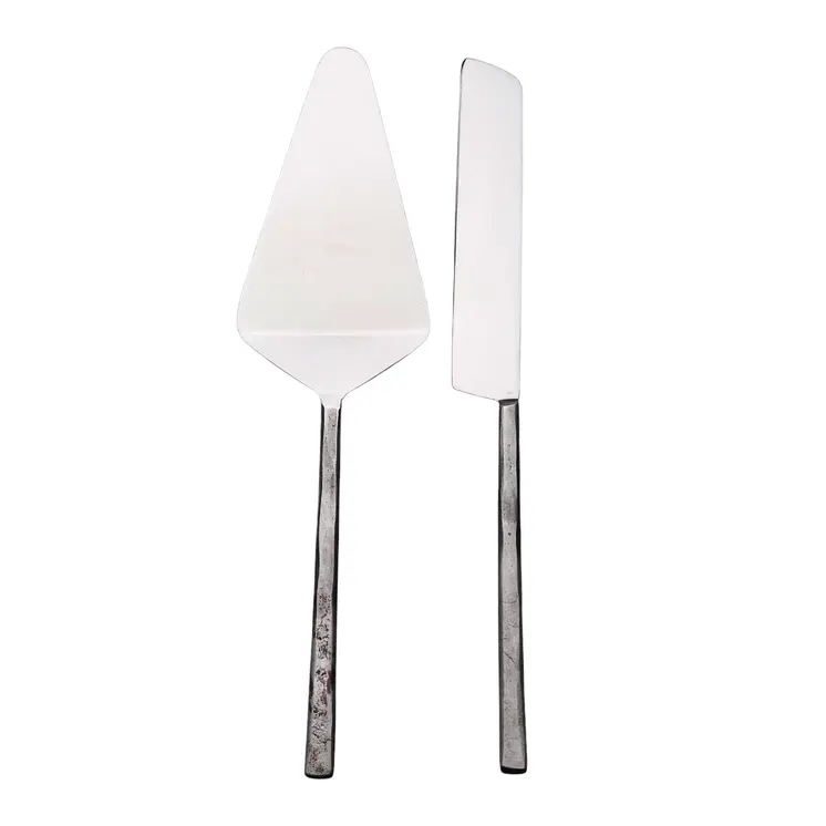 Hammered Silver Stainless Steel Two Piece Hand Forged Cake Knife