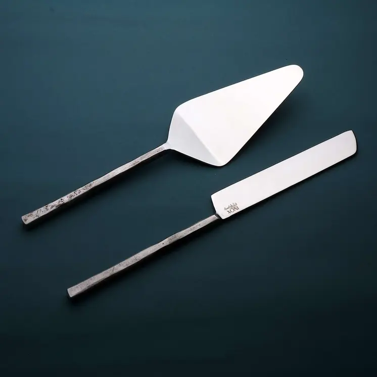 Hammered Silver Stainless Steel Two Piece Hand Forged Cake Knife