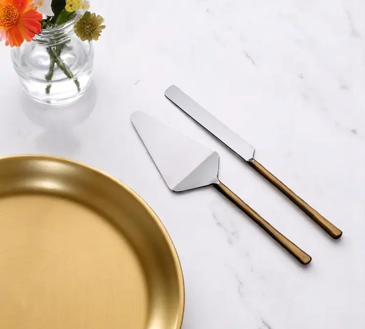 Hammered Gold Stainless Steel Two Piece Hand Forged Cake Knife