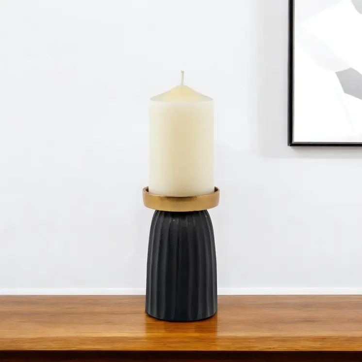 6" Black And Gold Striped Aluminum Tabletop Pillar Candle Holder