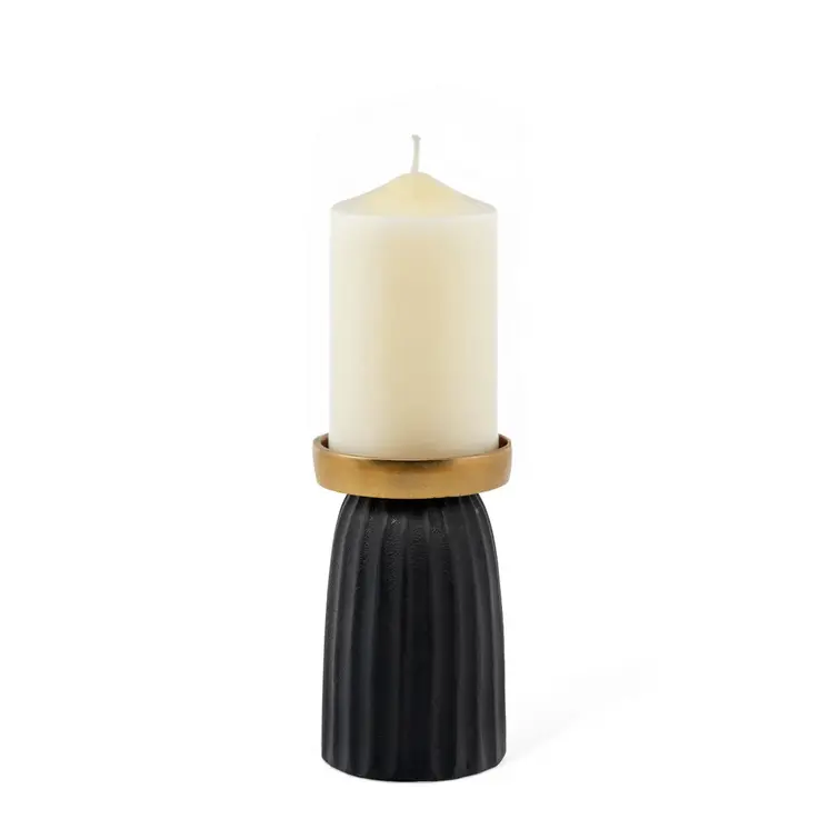 6" Black And Gold Striped Aluminum Tabletop Pillar Candle Holder