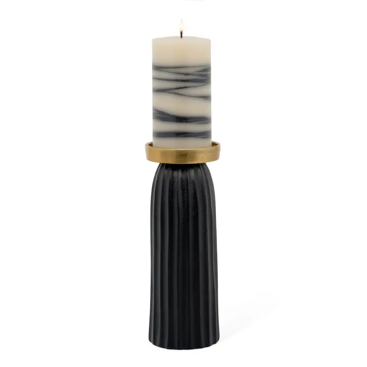 10" Black And Gold Striped Aluminum Tabletop Pillar Candle Holder