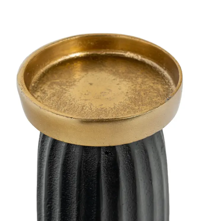 10" Black And Gold Striped Aluminum Tabletop Pillar Candle Holder