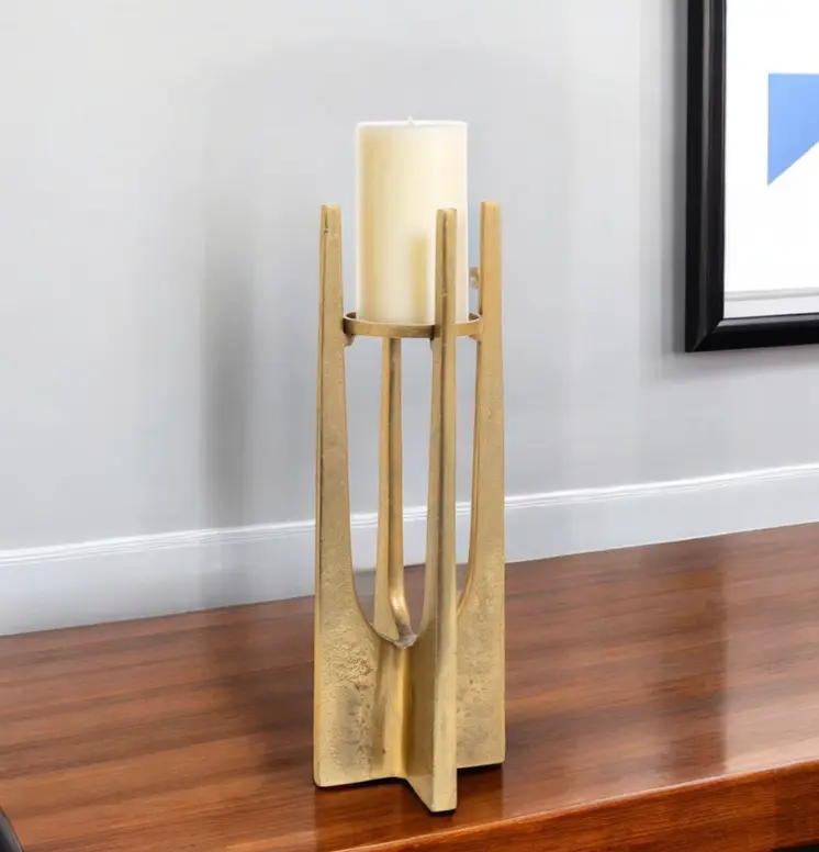 16" Gold Distressed Aluminum Geometric Tabletop Pillar Candle Holder