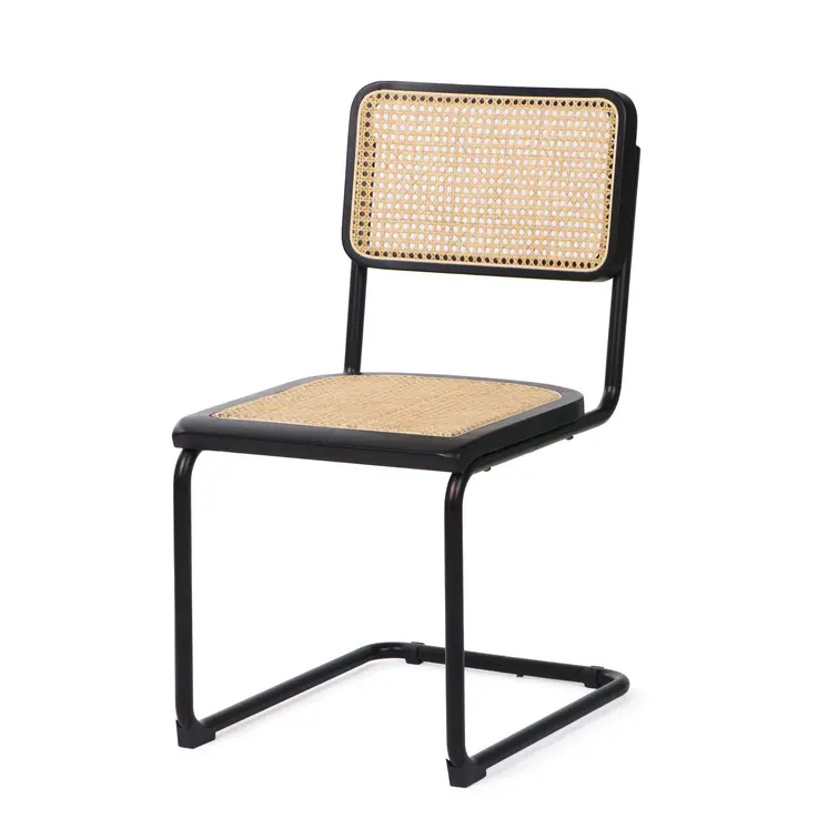 Set of Two Black and Natural Steel Open Back Dining Side Chairs
