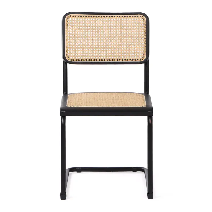 Set of Two Black and Natural Steel Open Back Dining Side Chairs