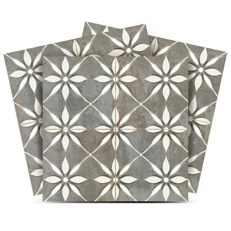 4" x 4" Gray And White Vinyl Arabesque Peel And Stick Removable Tiles