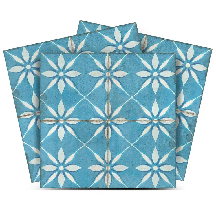 4" x 4" Blue And White Vinyl Arabesque Peel And Stick Removable Tiles