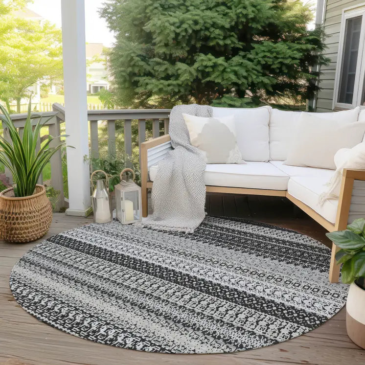 8' Black Round Striped Washable Indoor Outdoor Area Rug