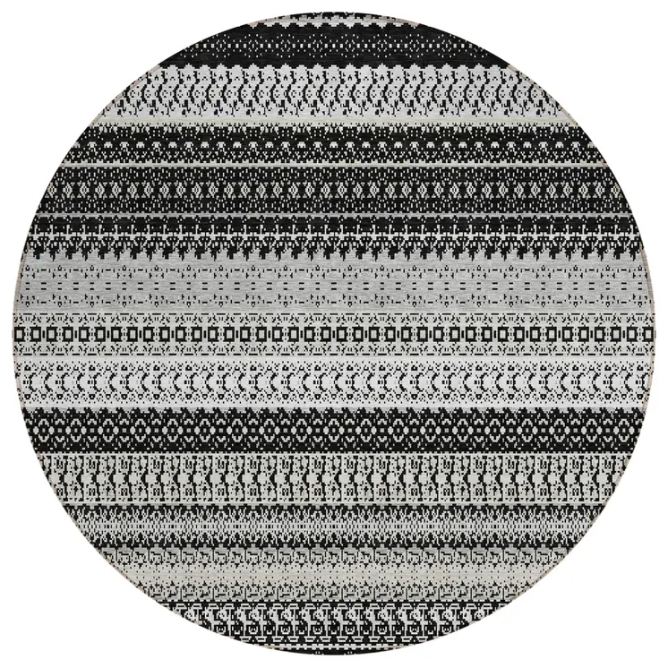 8' Black Round Striped Washable Indoor Outdoor Area Rug