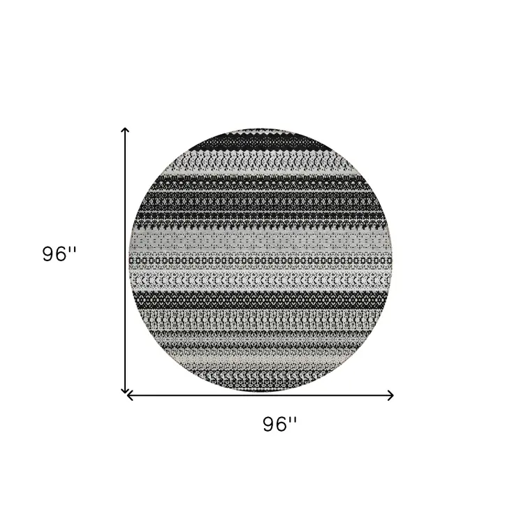8' Black Round Striped Washable Indoor Outdoor Area Rug