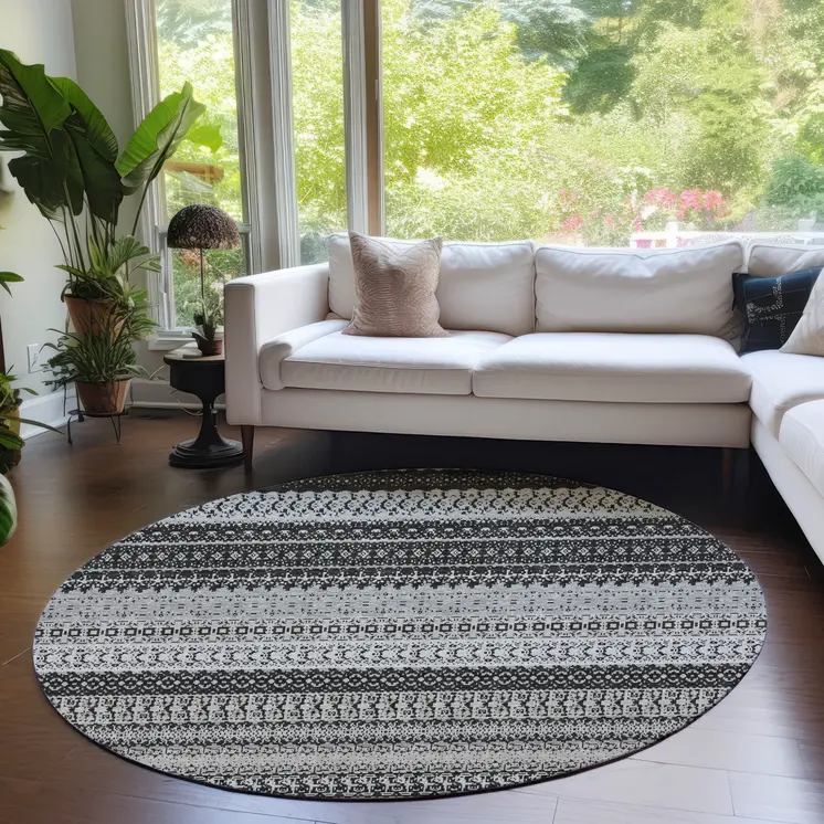 8' Black Round Striped Washable Indoor Outdoor Area Rug