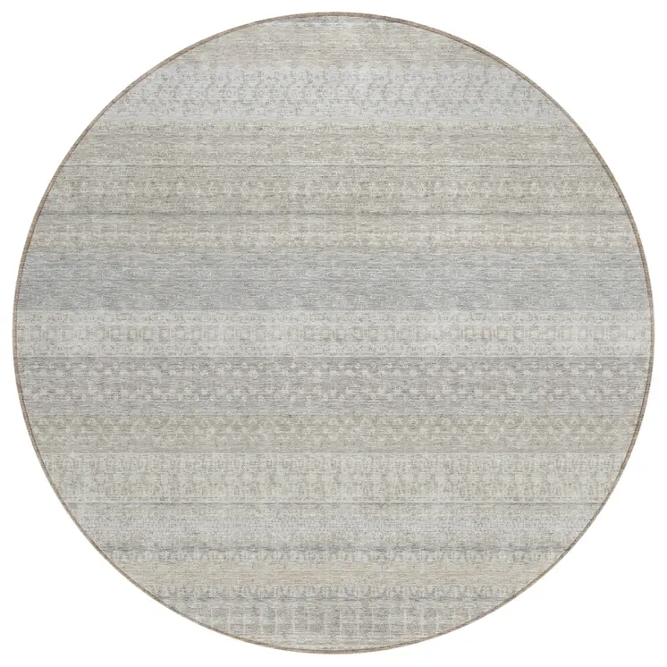 8' Ivory Round Striped Washable Indoor Outdoor Area Rug