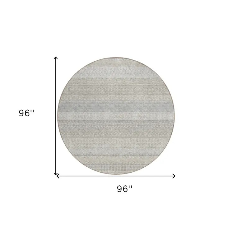 8' Ivory Round Striped Washable Indoor Outdoor Area Rug