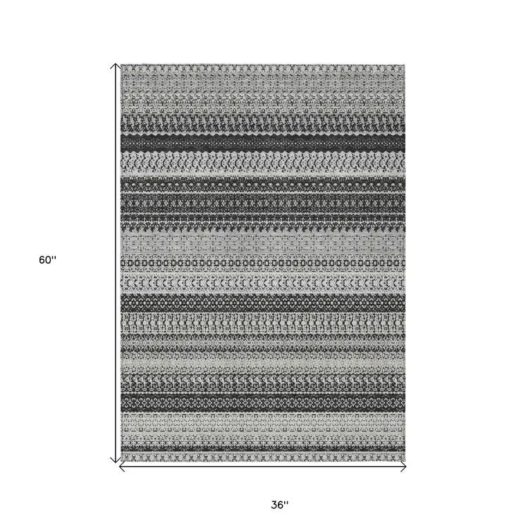 3' X 5' Black Striped Washable Indoor Outdoor Area Rug