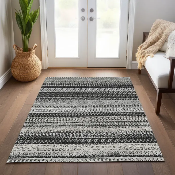 3' X 5' Black Striped Washable Indoor Outdoor Area Rug