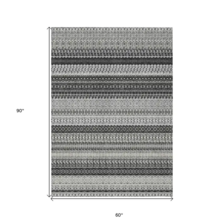 5' X 8' Black Striped Washable Indoor Outdoor Area Rug