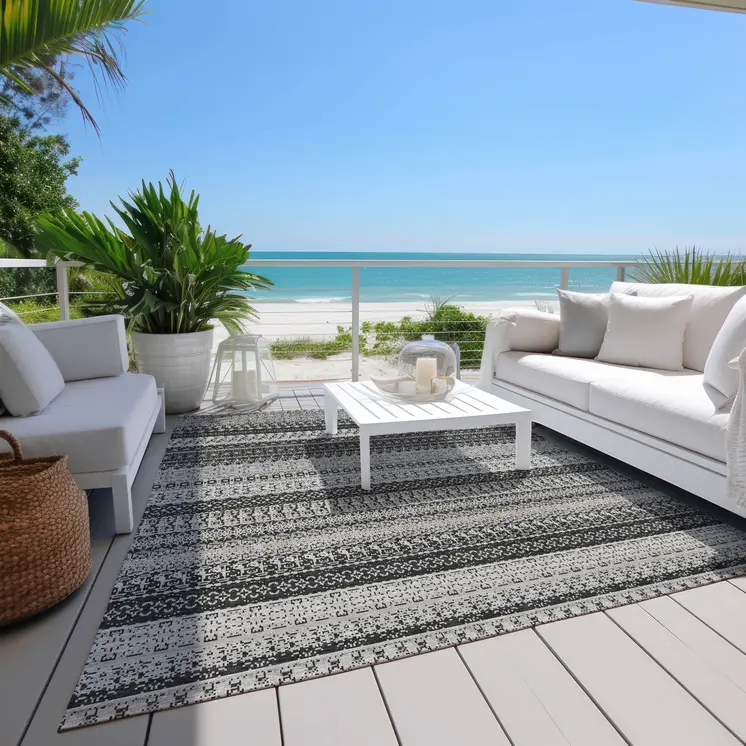 8' X 10' Black Striped Washable Indoor Outdoor Area Rug