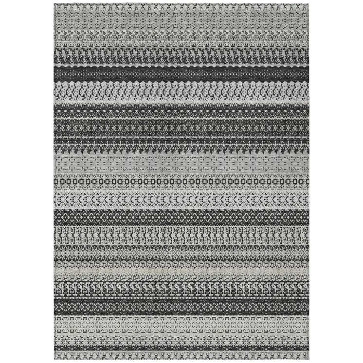 8' X 10' Black Striped Washable Indoor Outdoor Area Rug