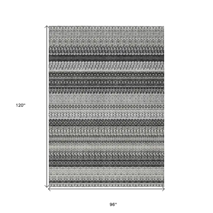 8' X 10' Black Striped Washable Indoor Outdoor Area Rug