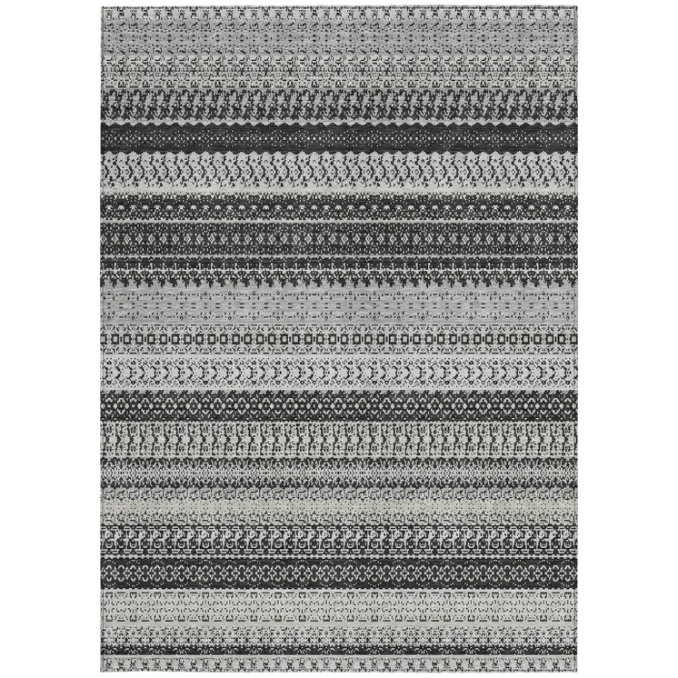 8' X 10' Black Striped Washable Indoor Outdoor Area Rug