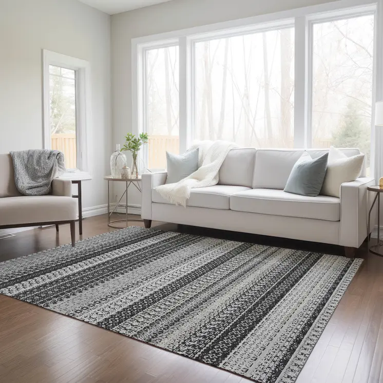 8' X 10' Black Striped Washable Indoor Outdoor Area Rug
