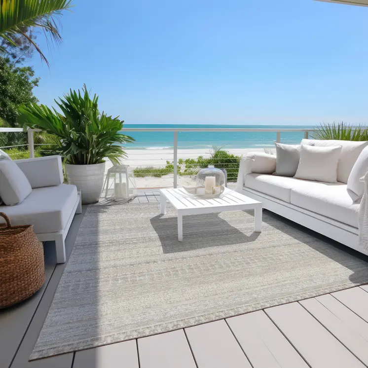 3' X 5' Ivory Striped Washable Indoor Outdoor Area Rug
