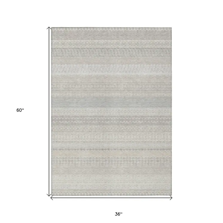 3' X 5' Ivory Striped Washable Indoor Outdoor Area Rug