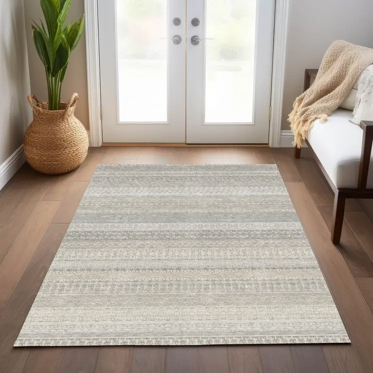 3' X 5' Ivory Striped Washable Indoor Outdoor Area Rug