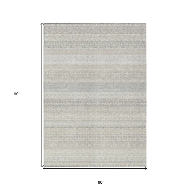 5' X 8' Ivory Striped Washable Indoor Outdoor Area Rug