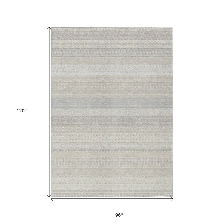 8' X 10' Ivory Striped Washable Indoor Outdoor Area Rug