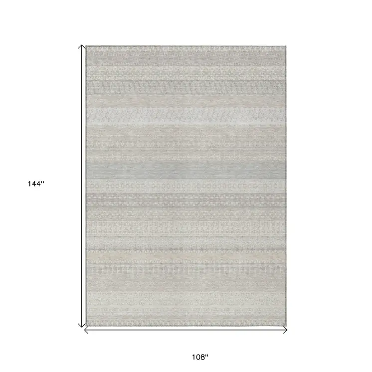 9' X 12' Ivory Striped Washable Indoor Outdoor Area Rug