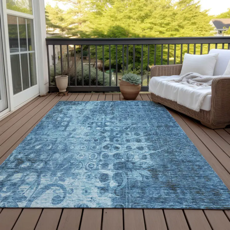 5' X 8' Blue Ikat Washable Indoor Outdoor Area Rug