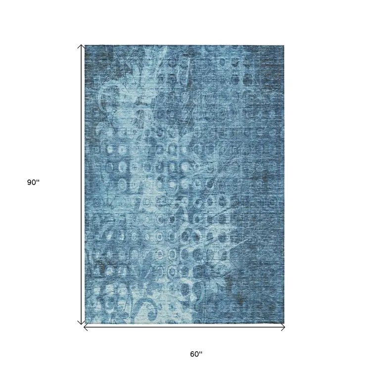 5' X 8' Blue Ikat Washable Indoor Outdoor Area Rug