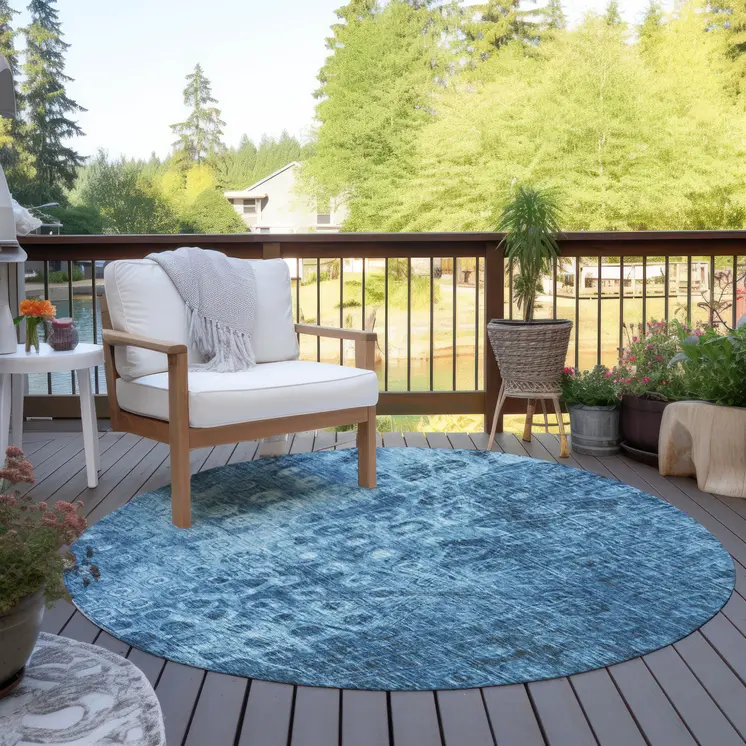 8' Blue Round Ikat Washable Indoor Outdoor Area Rug